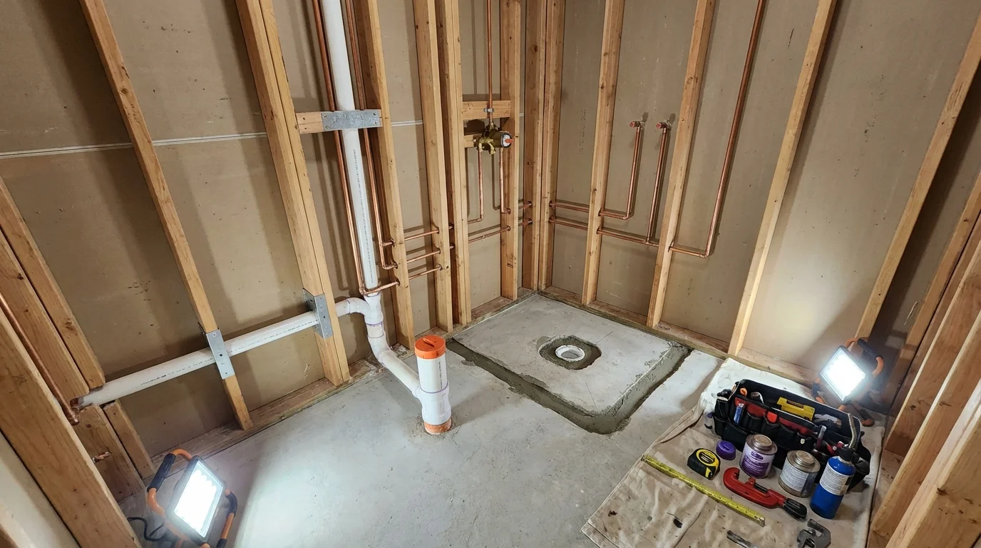 Bathroom rough-in plumbing during remodel by Johns Plumbing LLC in Coquille