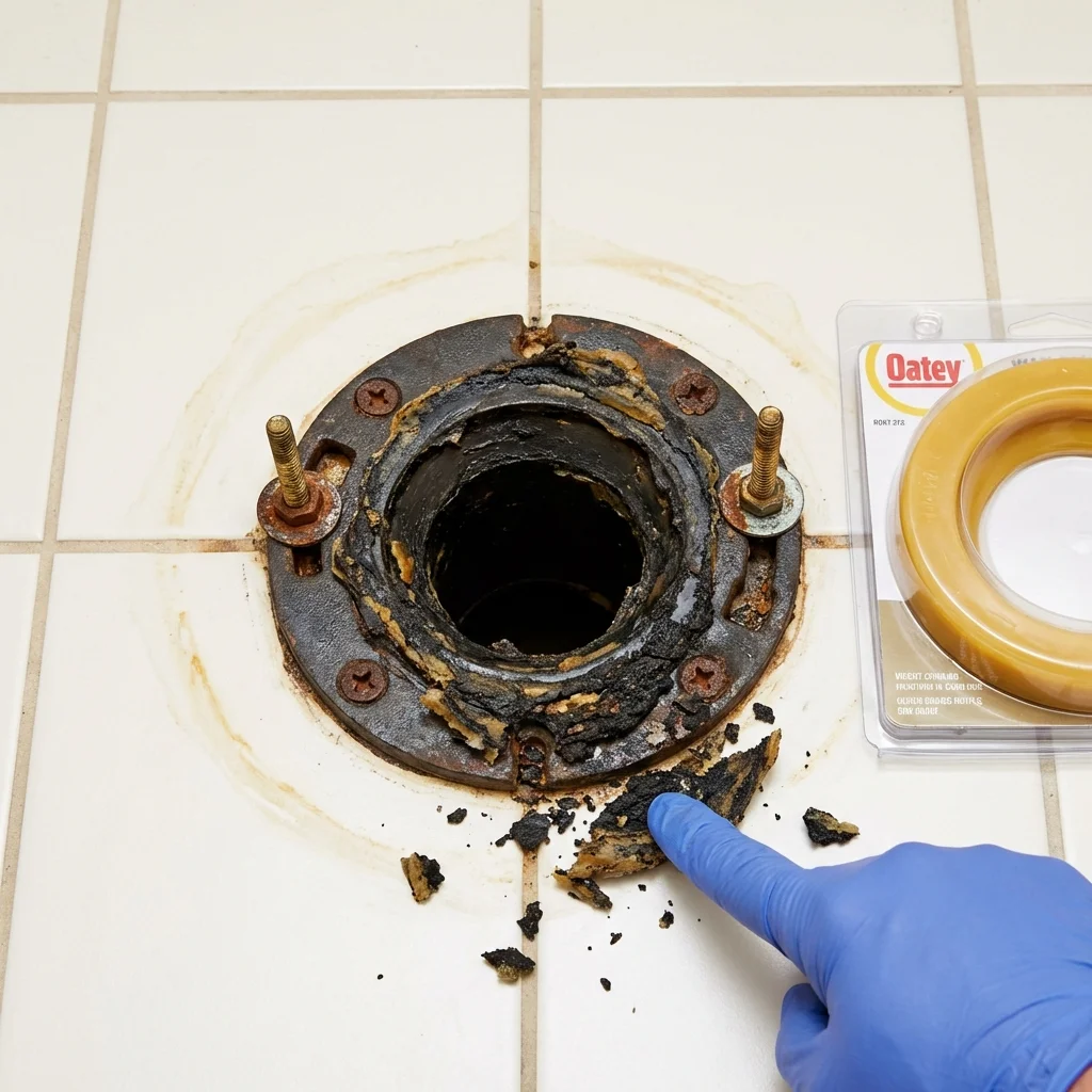 Failed wax ring showing water seepage at the base of a toilet in a Coquille, OR home