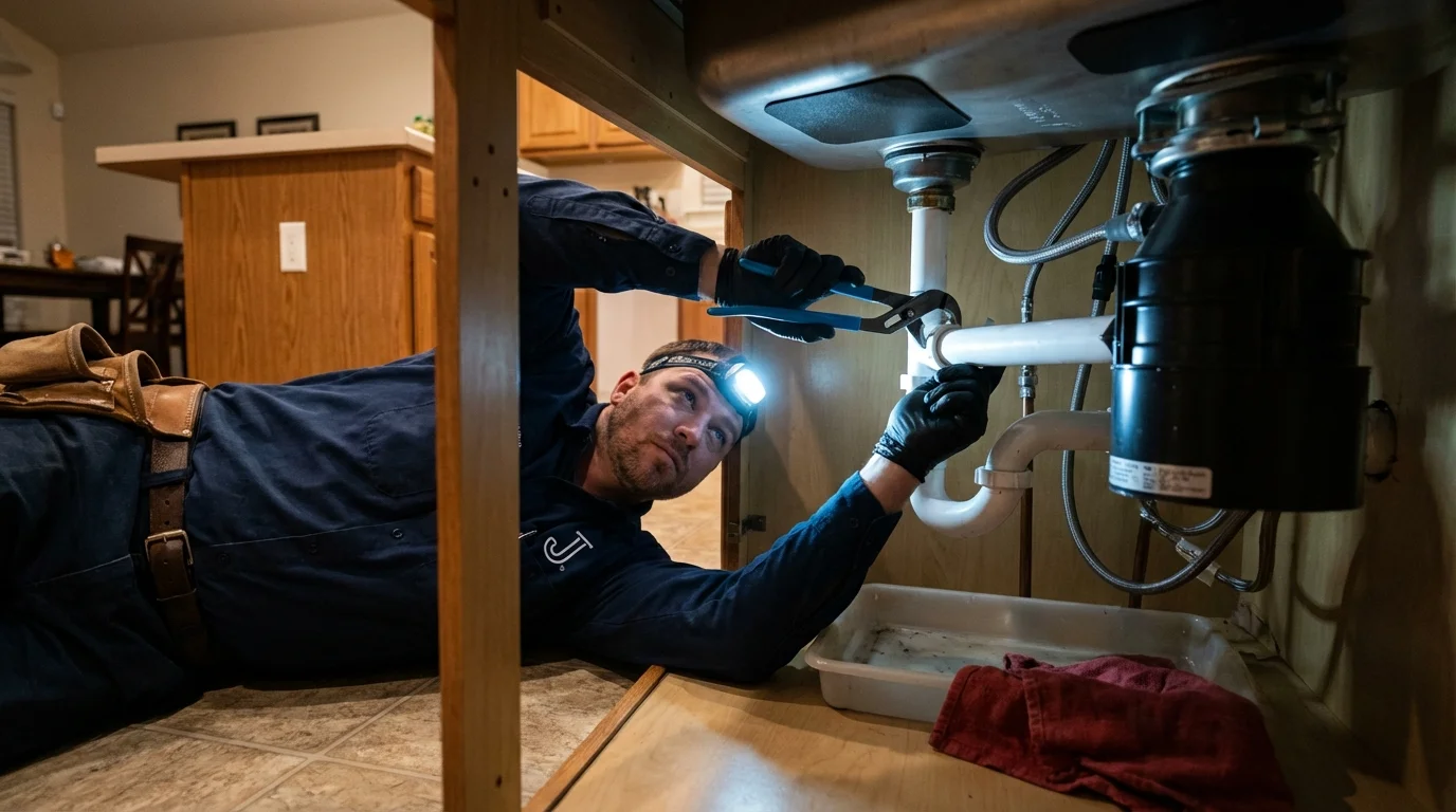 P-trap and supply line connections under a kitchen sink showing a common leak point in Coquille, OR